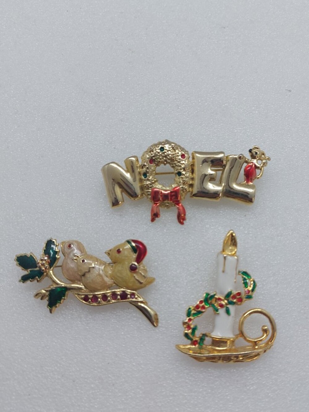 3 Vintage Christmas Brooch / Pin Gold Tone & Enamel Noel Candle & Birds